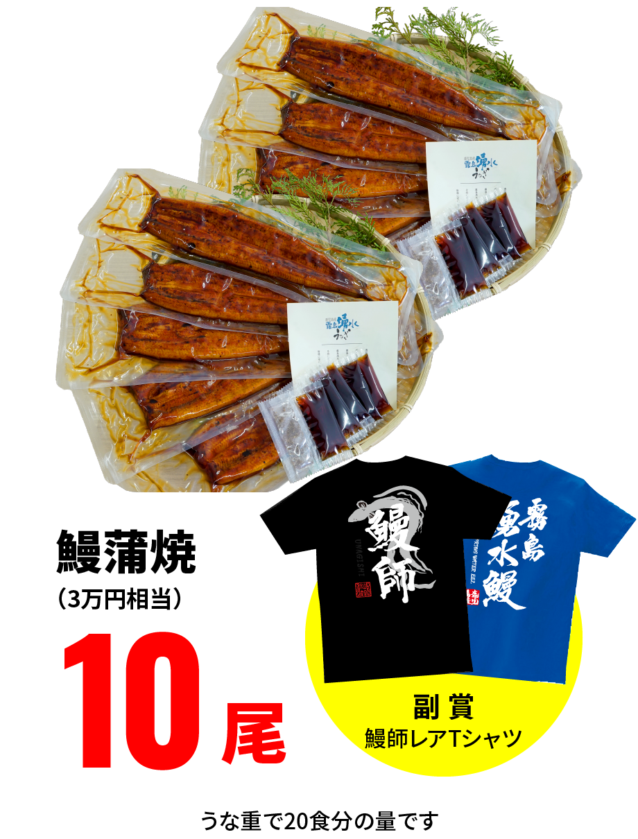 鰻蒲焼（3万円相当）10尾［副賞：鰻師レアTシャツ］うな重で20食分の量です